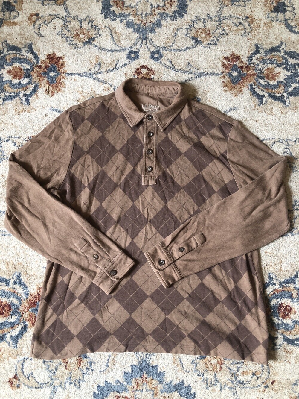 LL Bean Town And Field Long Sleeve Brown Polo Shirt Checkered Men's Size Large